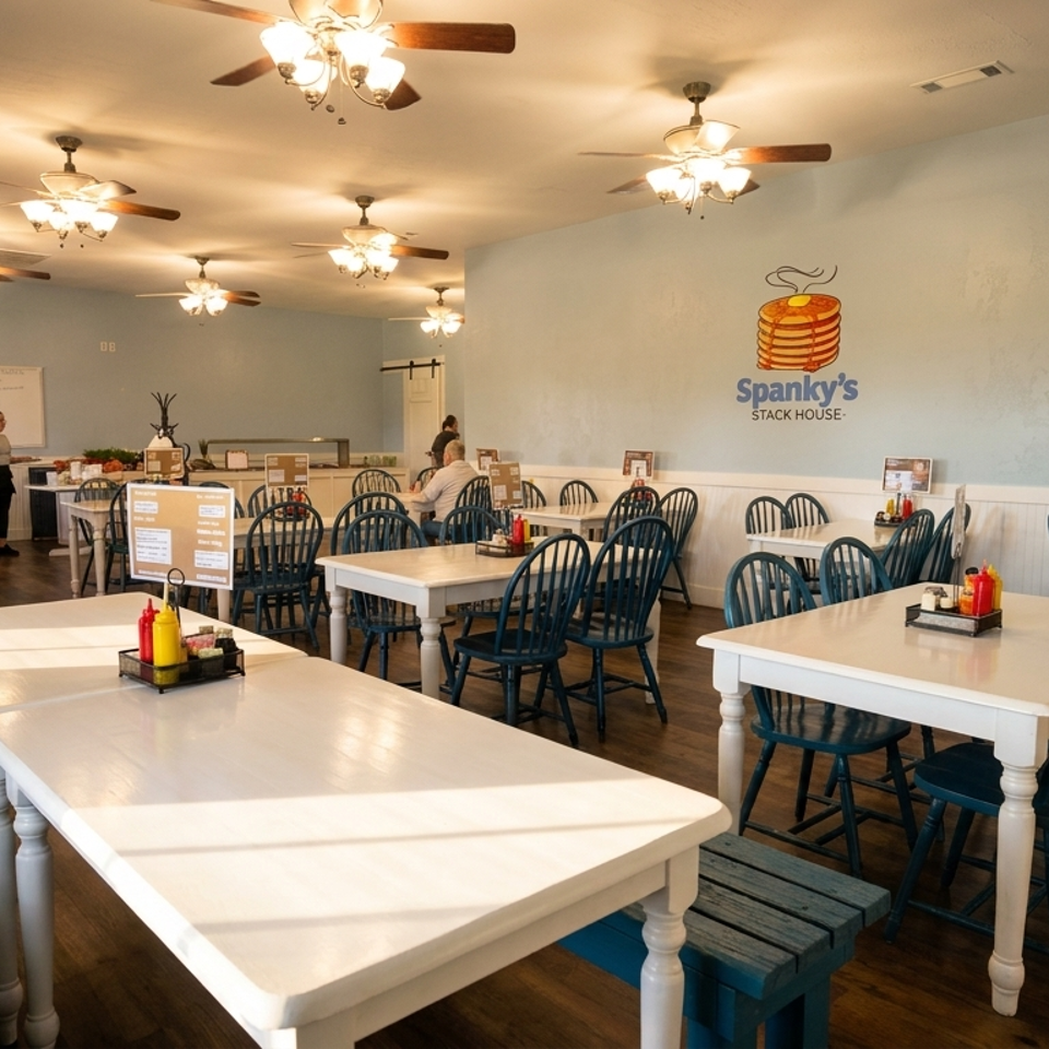 Bright, spacious dining room at Spanky's Stack House with light blue walls, white tables, and teal chairs.