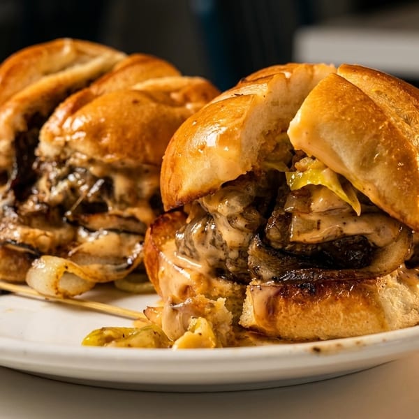Two gourmet sliders with melted cheese, caramelized onions, and sauce on a white plate.