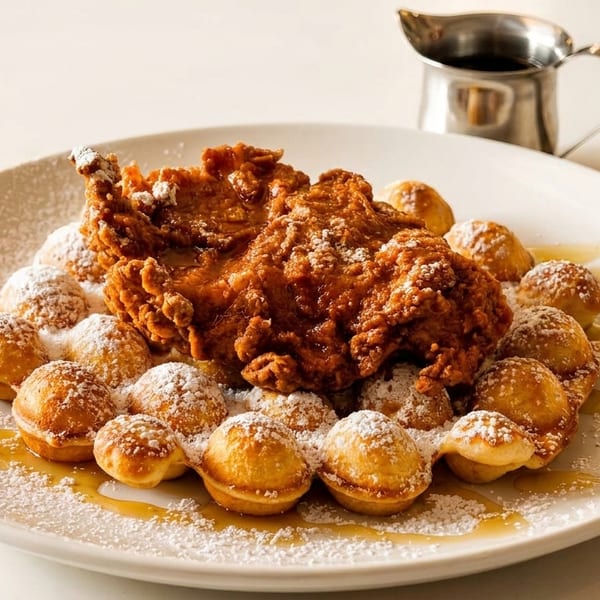 Crispy fried chicken and bubble waffles dusted with powdered sugar and drizzled with syrup.