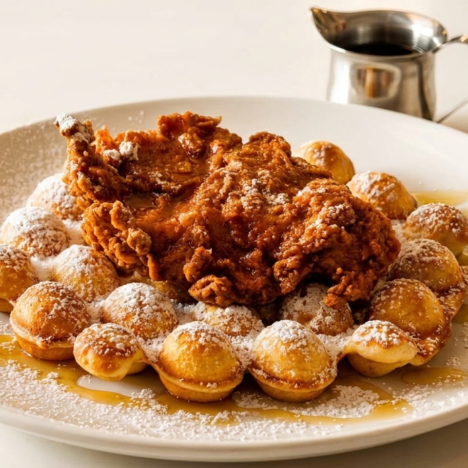 Crispy fried chicken and bubble waffles dusted with powdered sugar and drizzled with syrup.