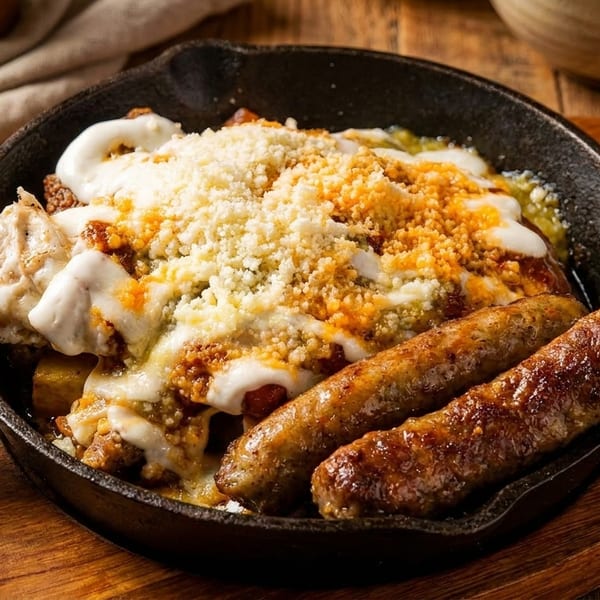Cast iron skillet with two sausages, melted cheese, and ground meat on a wooden board.