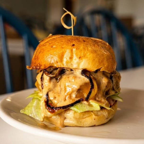 Gourmet burger with melted cheese, caramelized onions, and lettuce on a white plate.