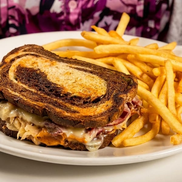 A Reuben sandwich on marbled rye with melted cheese, sauerkraut, and corned beef, served with fries.
