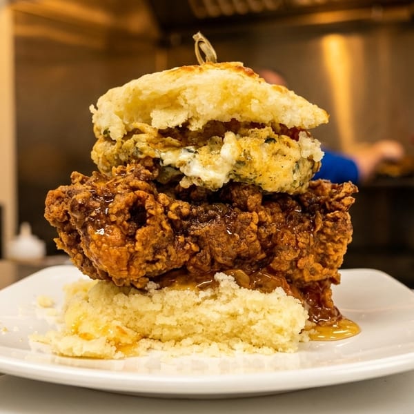 A tall fried chicken and biscuit sandwich with honey and grits on a white plate.