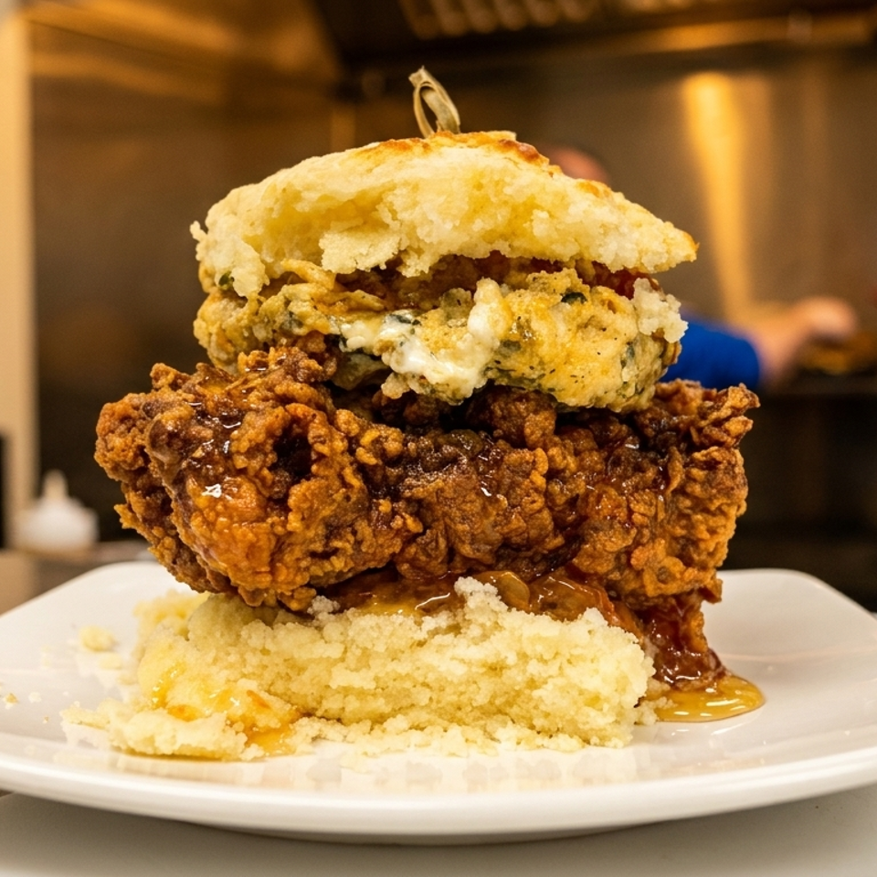 A tall fried chicken and biscuit sandwich with gravy and grits on a white plate.