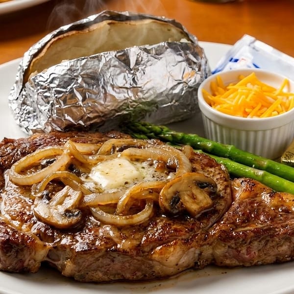 Grilled steak topped with onions, mushrooms, and butter, served with asparagus, a baked potato, and cheese.